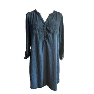 Chambray Lyocell V Neck Shift Dress – Size S/M Button Front Roll Tab Sleeve